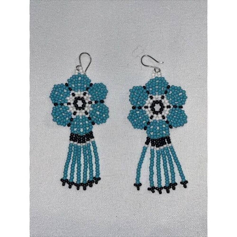 Blue Flower Huichol Bead Earrings - 3" long